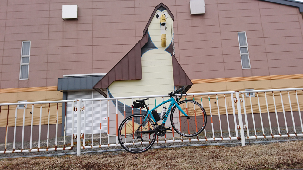 ロードバイクで苫小牧から室蘭へ行く途中に見つけた、はまなすスポーツセンターのペンギン。